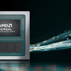 Close-up van de AMD Versal Premium Gen 2 SoC-chip met het AMD-logo en geavanceerde componenten, geschikt voor innovatieve toepassingen.