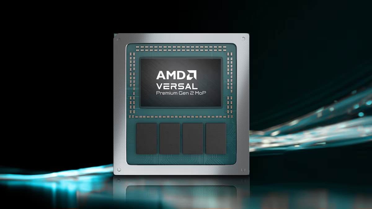 Close-up van de AMD Versal Premium Gen 2 SoC-chip met het AMD-logo en geavanceerde componenten, geschikt voor innovatieve toepassingen.