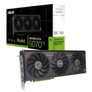 ASUS ProArt GeForce RTX 5070 Ti OC Edition grafische kaart met drie ventilatoren en verpakking, geschikt voor high-end gaming en professionele grafische toepassingen.