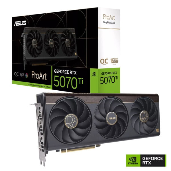 ASUS ProArt GeForce RTX 5070 Ti OC Edition grafische kaart met drie ventilatoren en NVIDIA GEFORCE RTX logo, geschikt voor high-end gaming en professionele toepassingen.