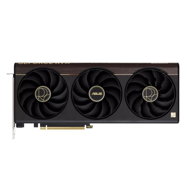 ASUS ProArt GeForce RTX 5070 Ti OC Edition grafische kaart met drie ventilatoren en gouden details, geschikt voor high-end gaming en professionele grafische toepassingen.