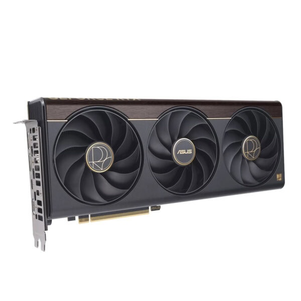 ASUS ProArt GeForce RTX 5070 Ti OC Edition grafische kaart met drie ventilatoren en goudkleurige details, geschikt voor high-end gaming en professionele toepassingen.