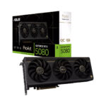 ASUS ProArt GeForce RTX 5080 grafische kaart met drie ventilatoren en verpakking, geschikt voor high-end gaming en professionele grafische toepassingen.