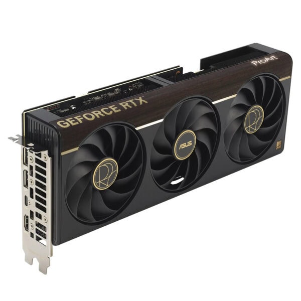ASUS ProArt GeForce RTX 5080 16GB GDDR7 OC Edition grafische kaart met drie ventilatoren en goudkleurige details, geschikt voor high-end gaming en professionele toepassingen.