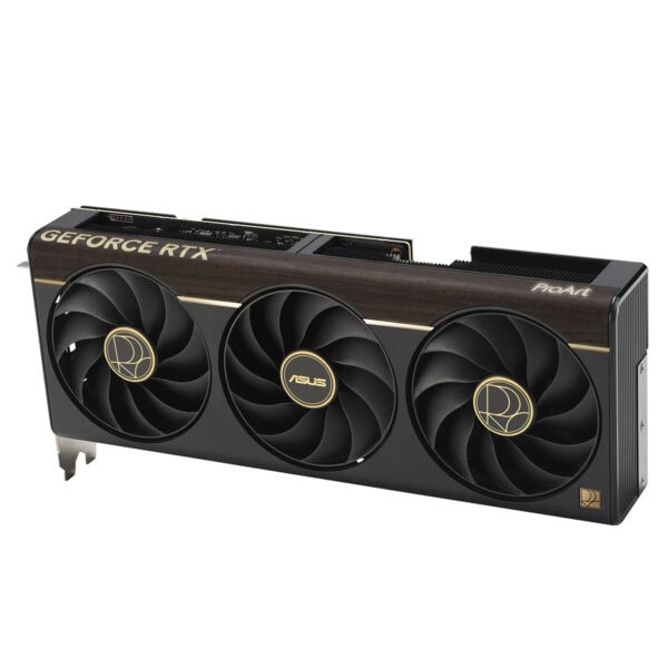 ASUS ProArt GeForce RTX 5080 grafische kaart met drie ventilatoren en gouden details, geschikt voor high-end gaming en professionele grafische toepassingen.