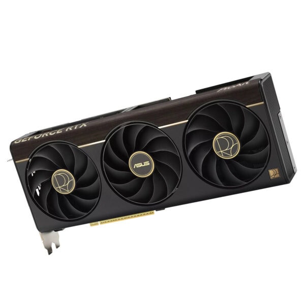 ASUS ProArt GeForce RTX 5080 grafische kaart met drie ventilatoren en gouden details, geschikt voor high-end gaming en professionele grafische toepassingen.