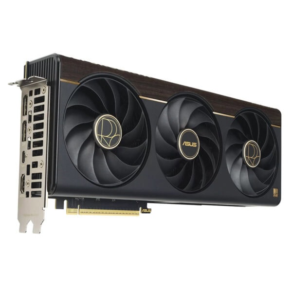ASUS ProArt GeForce RTX 5080 grafische kaart met drie ventilatoren en goudkleurige details, geschikt voor high-end gaming en professionele grafische toepassingen.