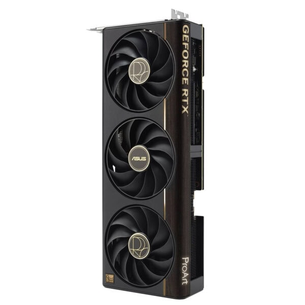 ASUS ProArt GeForce RTX 5080 16GB GDDR7 OC Edition grafische kaart met drie ventilatoren en zwart ontwerp, geschikt voor high-end gaming en professionele toepassingen.