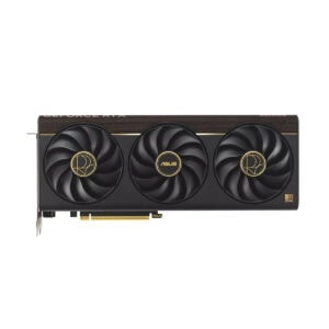 De ASUS ProArt GeForce RTX 5080 grafische kaart met drie ventilatoren en gouden details, geschikt voor high-end gaming en professionele grafische toepassingen.