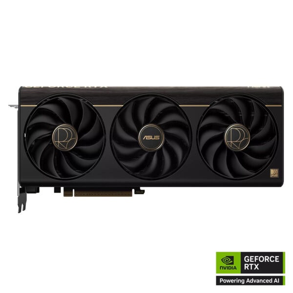 De ASUS ProArt GeForce RTX 5080 grafische kaart met drie ventilatoren en NVIDIA GeForce RTX branding, ontworpen voor high-end gaming en professionele grafische prestaties.