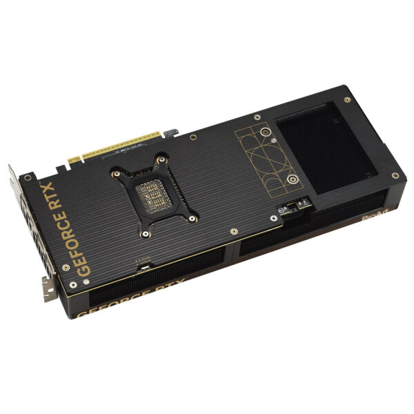 ASUS ProArt GeForce RTX 5080 grafische kaart met zwart ontwerp en gouden details, geschikt voor high-end gaming en professionele grafische toepassingen.
