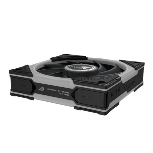 ASUS ROG Eurux GR120 ARGB ventilator, 120mm, zwart en grijs, voor gaming PC-behuizingen, met ARGB-verlichting en ROG branding.