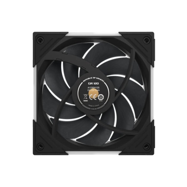 ASUS ROG Eurux GR120 ARGB ventilator met 120mm diameter en verlichte bladen voor gaming PC-behuizingen.