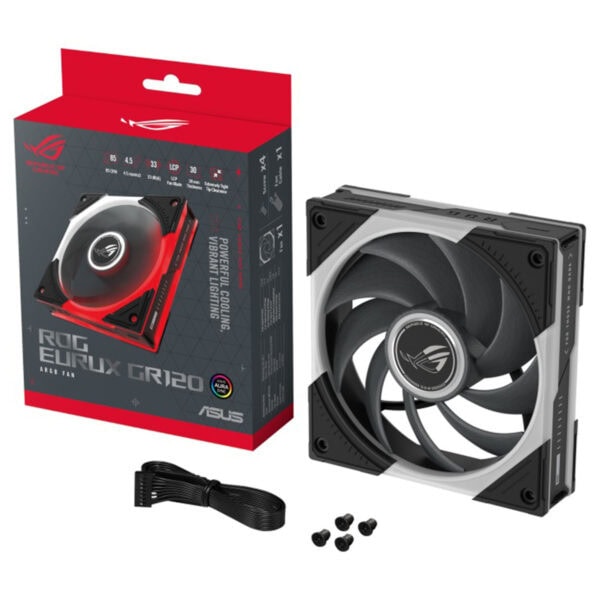 ASUS ROG Eurux GR120 ARGB ventilator met verlichte rand, geschikt voor pc-behuizingen, inclusief montagemateriaal en kabel.