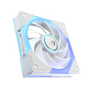 ASUS ROG Eurux GR120 ARGB ventilator met witte behuizing en verlichte bladen, ideaal voor gaming PC's en behuizingen.