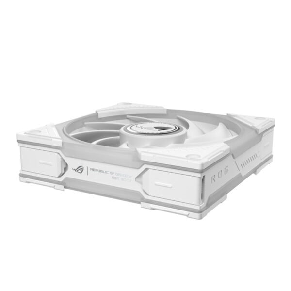 Witte ASUS ROG Eurux GR120 ARGB ventilator voor pc-behuizingen, 120mm, met ARGB-verlichting en modern ontwerp.
