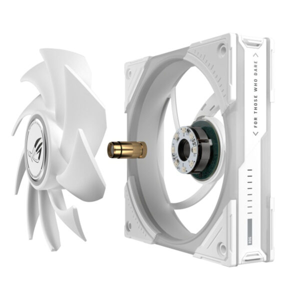 ASUS ROG Eurux GR120 ARGB ventilator met witte behuizing en verstelbare ARGB-verlichting voor gaming PC's.