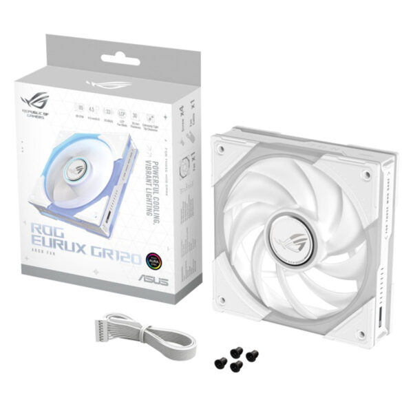 ASUS ROG Eurux GR120 ARGB ventilator in witte editie met kabel en montagemateriaal, geschikt voor pc-behuizingen.