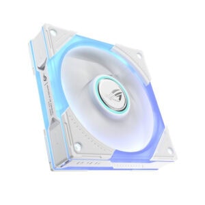 ASUS ROG Eurux GR120 ARGB ventilator met witte behuizing en kleurrijke LED-verlichting, ideaal voor gaming PC's en behuizingen.