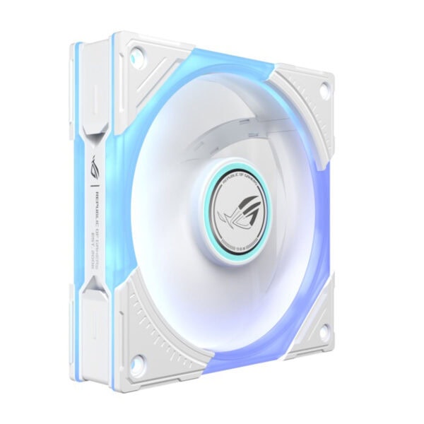 ASUS ROG Eurux GR120 ARGB ventilator in wit en blauw met verlichte ARGB-ring, geschikt voor pc-behuizingen en gaming setups.