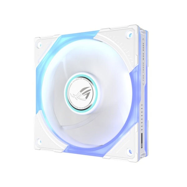 ASUS ROG Eurux GR120 ARGB ventilator met witte behuizing en kleurrijke verlichting, geschikt voor gaming PC's en behuizingen.