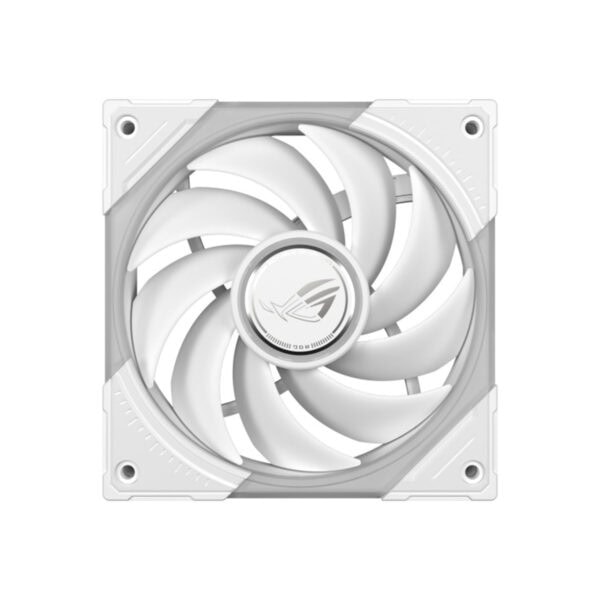 ASUS ROG Eurux GR120 ARGB ventilator in wit, 120mm, voor pc-behuizingen, met ARGB-verlichting en ROG-logo in het midden.