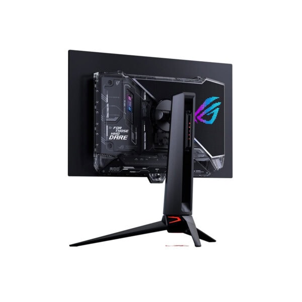 Gaming monitor met ASUS ROG logo, zwart scherm, en verstelbare standaard voor high-performance gaming.