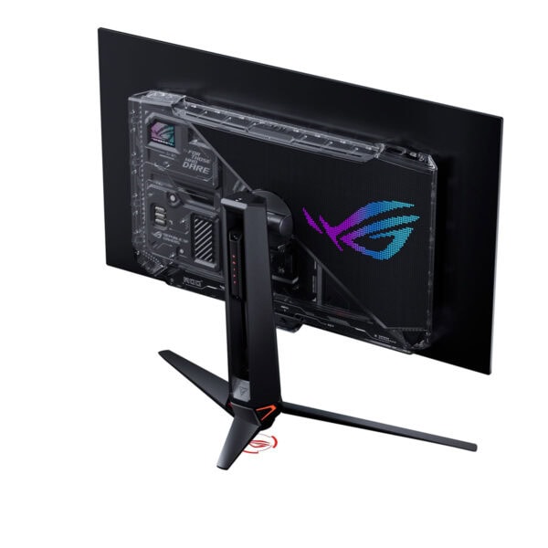 Gaming monitor met ASUS ROG logo, zwart scherm, op een gaming bureau, geschikt voor high-end gaming setups.