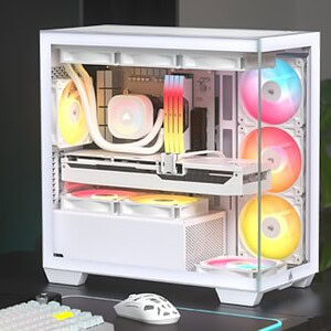 Moderne witte Micro-ATX behuizing met ARGB-verlichting en ventilatoren, geschikt voor high-performance gaming en krachtige PC-builds.