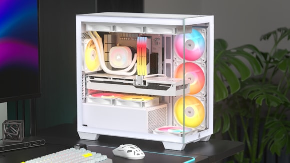 Moderne witte Micro-ATX behuizing met ARGB-verlichting en ventilatoren, geschikt voor high-performance gaming en krachtige PC-builds.