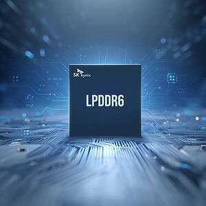 LPDDR6 geheugenchip van SK hynix met digitale achtergrond en technologische uitstraling.