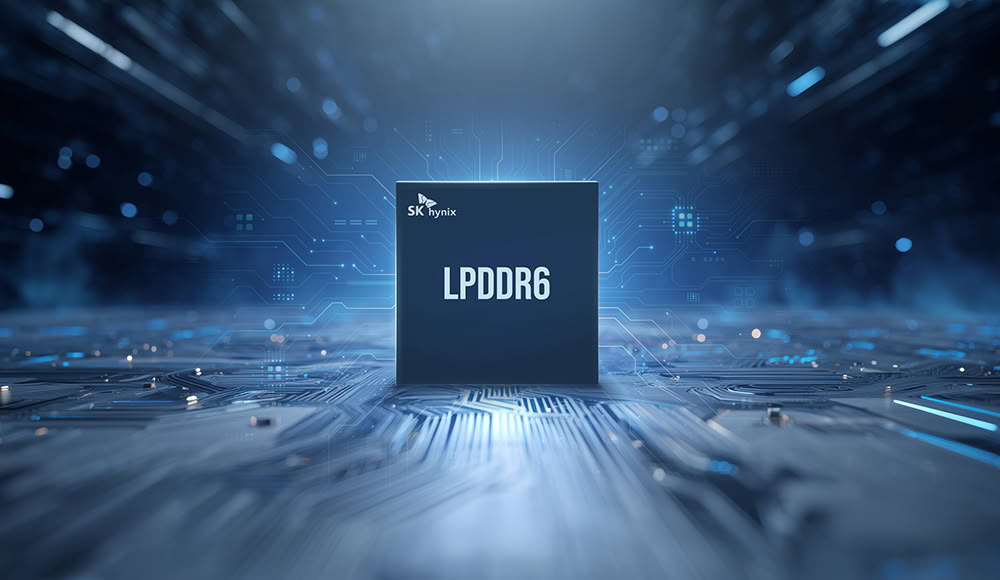 LPDDR6 geheugenchip van SK hynix met digitale achtergrond en technologische uitstraling.