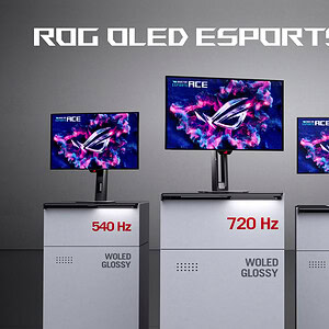 Vier ASUS ROG OLED esports-monitoren met verschillende verversingssnelheden, geschikt voor gaming en e-sports.