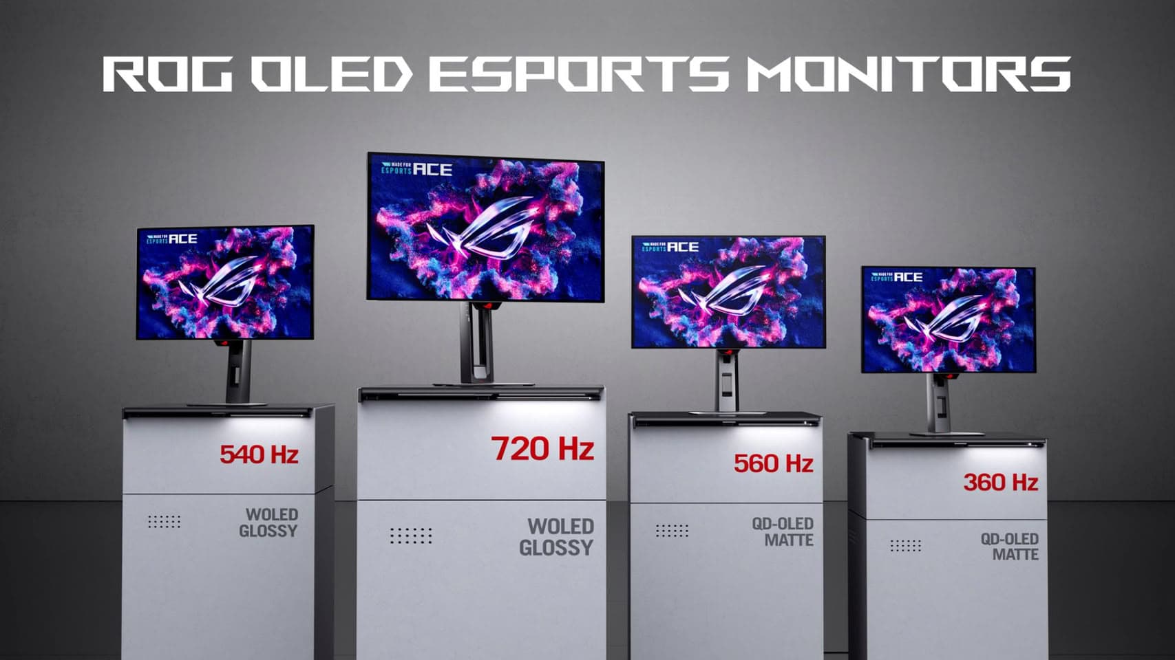 Vier ASUS ROG OLED esports-monitoren met verschillende verversingssnelheden, geschikt voor gaming en e-sports.