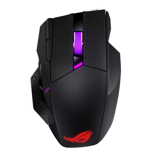 ASUS ROG Spatha X gaming muis met RGB-verlichting en ergonomisch ontwerp, geschikt voor professionele gamers.