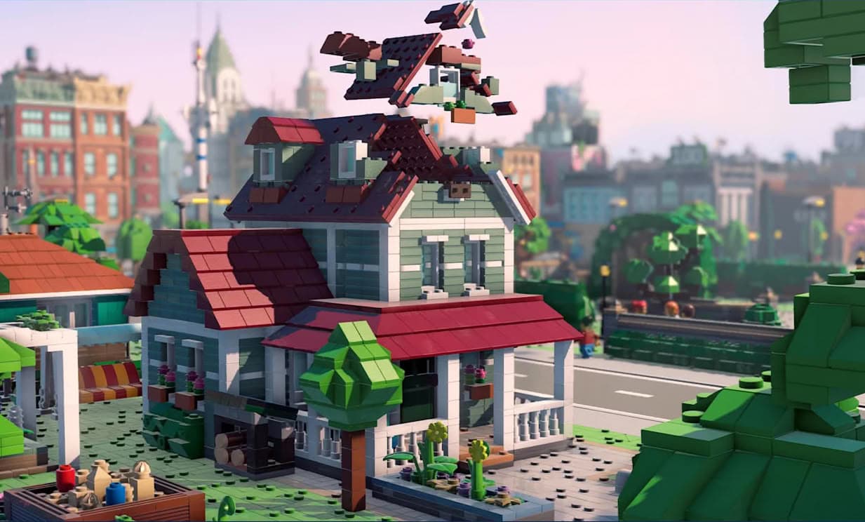 LEGO-stad met gedetailleerde gebouwen, bomen en een kleurrijke omgeving, perfect voor stadsbouw en creativiteit, geïnspireerd door Cities: Skylines II.