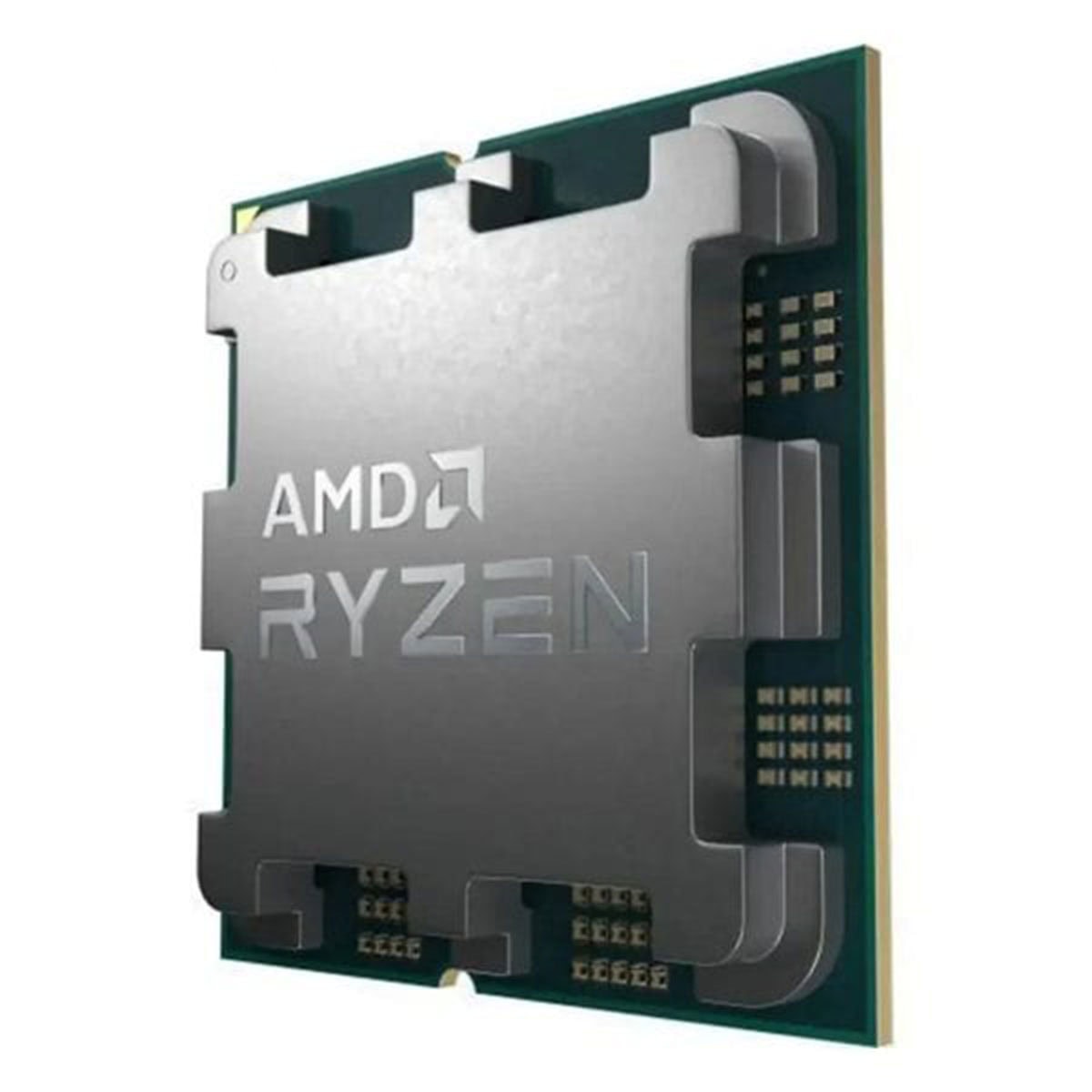 AFbeelding van een AMD Ryzen 7 5700G processorkaart met metalen behuizing en contactpunten, passend bij desktop APUs.